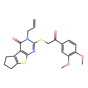 10-[2-(3,4-dimethoxyphenyl)-2-oxoethyl]sulfanyl-11-prop-2-enyl-7-thia-9,11-diazatricyclo[6.4.0.02,6]dodeca-1(8),2(6),9-trien-12-one structure