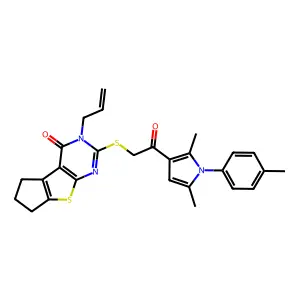 10-[2-[2,5-dimethyl-1-(4-methylphenyl)pyrrol-3-yl]-2-oxoethyl]sulfanyl-11-prop-2-enyl-7-thia-9,11-diazatricyclo[6.4.0.02,6]dodeca-1(8),2(6),9-trien-12-one structure