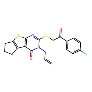 10-[2-(4-fluorophenyl)-2-oxoethyl]sulfanyl-11-prop-2-enyl-7-thia-9,11-diazatricyclo[6.4.0.02,6]dodeca-1(8),2(6),9-trien-12-one structure