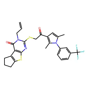 10-[2-[2,5-dimethyl-1-[3-(trifluoromethyl)phenyl]pyrrol-3-yl]-2-oxoethyl]sulfanyl-11-prop-2-enyl-7-thia-9,11-diazatricyclo[6.4.0.02,6]dodeca-1(8),2(6),9-trien-12-one structure