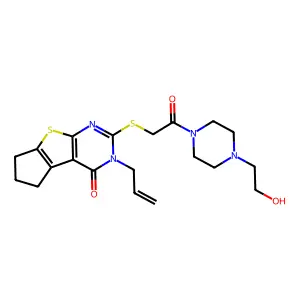 10-[2-[4-(2-hydroxyethyl)piperazin-1-yl]-2-oxoethyl]sulfanyl-11-prop-2-enyl-7-thia-9,11-diazatricyclo[6.4.0.02,6]dodeca-1(8),2(6),9-trien-12-one structure