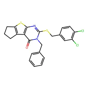 11-benzyl-10-[(3,4-dichlorophenyl)methylsulfanyl]-7-thia-9,11-diazatricyclo[6.4.0.02,6]dodeca-1(8),2(6),9-trien-12-one structure
