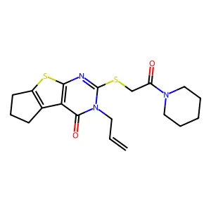 10-(2-oxo-2-piperidin-1-ylethyl)sulfanyl-11-prop-2-enyl-7-thia-9,11-diazatricyclo[6.4.0.02,6]dodeca-1(8),2(6),9-trien-12-one structure