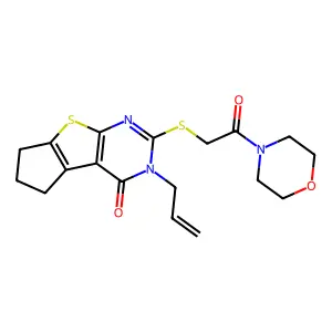 10-(2-morpholin-4-yl-2-oxoethyl)sulfanyl-11-prop-2-enyl-7-thia-9,11-diazatricyclo[6.4.0.02,6]dodeca-1(8),2(6),9-trien-12-one structure
