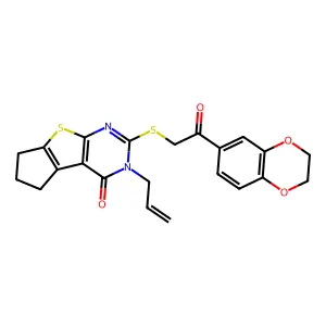10-[2-(2,3-dihydro-1,4-benzodioxin-6-yl)-2-oxoethyl]sulfanyl-11-prop-2-enyl-7-thia-9,11-diazatricyclo[6.4.0.02,6]dodeca-1(8),2(6),9-trien-12-one structure