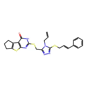 10-[[5-[(E)-3-phenylprop-2-enyl]sulfanyl-4-prop-2-enyl-1,2,4-triazol-3-yl]methylsulfanyl]-7-thia-9,11-diazatricyclo[6.4.0.02,6]dodeca-1(8),2(6),9-trien-12-one structure