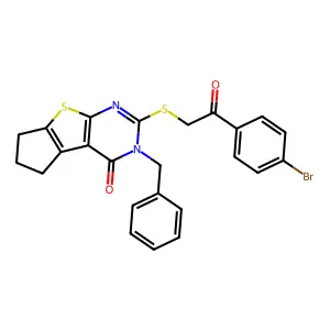 11-benzyl-10-[2-(4-bromophenyl)-2-oxoethyl]sulfanyl-7-thia-9,11-diazatricyclo[6.4.0.02,6]dodeca-1(8),2(6),9-trien-12-one structure