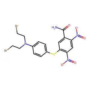 5-[4-[bis(2-bromoethyl)amino]phenyl]sulfanyl-2,4-dinitrobenzamide structure