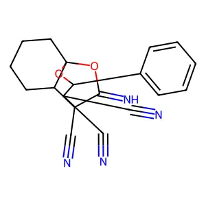10-imino-2-phenylhexahydro-8a,4-(epoxymethano)chromene-3,3,4(2H)-tricarbonitrile structure