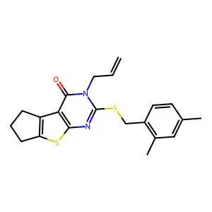 10-[(2,4-dimethylphenyl)methylsulfanyl]-11-prop-2-enyl-7-thia-9,11-diazatricyclo[6.4.0.02,6]dodeca-1(8),2(6),9-trien-12-one structure
