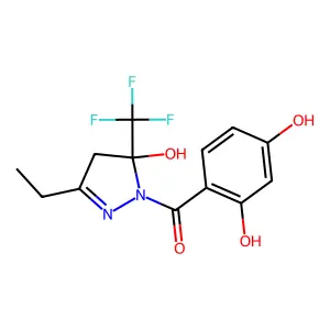 1-(2,4-Dihydroxybenzoyl)-3-ethyl-5-trifluoromethyl-5-hydroxy-2-pyrazoline structure
