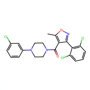 1-(3-chlorophenyl)-4-{[3-(2,6-dichlorophenyl)-5-methyl-4-isoxazolyl]carbonyl}piperazine structure