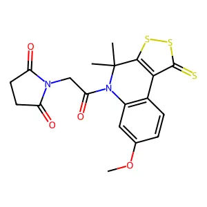 1-[2-(7-methoxy-4,4-dimethyl-1-sulfanylidenedithiolo[3,4-c]quinolin-5-yl)-2-oxoethyl]pyrrolidine-2,5-dione structure