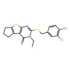 10-[(3,4-dichlorophenyl)methylsulfanyl]-11-ethyl-7-thia-9,11-diazatricyclo[6.4.0.02,6]dodeca-1(8),2(6),9-trien-12-one structure