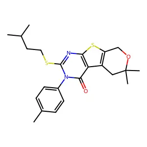 12,12-dimethyl-5-(3-methylbutylsulfanyl)-4-(4-methylphenyl)-11-oxa-8-thia-4,6-diazatricyclo[7.4.0.02,7]trideca-1(9),2(7),5-trien-3-one structure