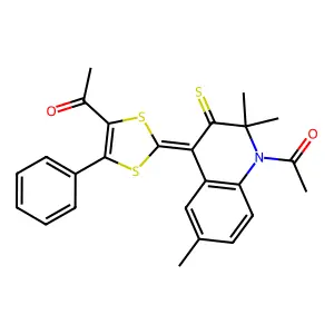 1-[(2Z)-2-(1-acetyl-2,2,6-trimethyl-3-sulfanylidenequinolin-4-ylidene)-5-phenyl-1,3-dithiol-4-yl]ethanone structure