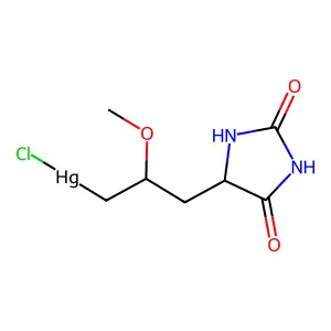 chloro-[3-(2,5-dioxoimidazolidin-4-yl)-2-methoxypropyl]mercury structure