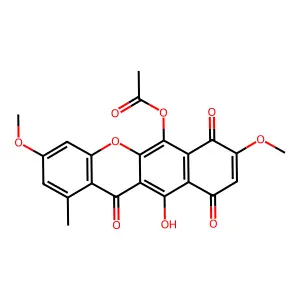 10H-Benzo(b)xanthene-7,10,12-trione, 6,11-dihydroxy-3,8-dimethoxy-1-methyl-, 6-acetate structure
