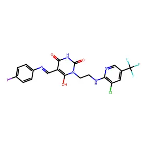 1-[2-[[3-chloro-5-(trifluoromethyl)-2-pyridinyl]amino]ethyl]-6-hydroxy-5-[(4-iodophenyl)iminomethyl]pyrimidine-2,4-dione structure