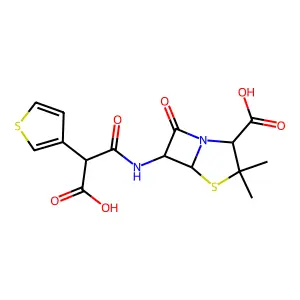 (2S,5R,6R)-6-[[(2R)-2-carboxy-2-thiophen-3-ylacetyl]amino]-3,3-dimethyl-7-oxo-4-thia-1-azabicyclo[3.2.0]heptane-2-carboxylic acid structure