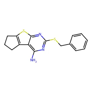 10-benzylsulfanyl-7-thia-9,11-diazatricyclo[6.4.0.02,6]dodeca-1(12),2(6),8,10-tetraen-12-amine structure