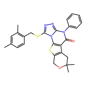 1-((2,4-dimethylbenzyl)thio)-7,7-dimethyl-4-phenyl-6,7-dihydro-4H-pyrano[4',3':4,5]thieno[3,2-e][1,2,4]triazolo[4,3-a]pyrimidin-5(9H)-one structure