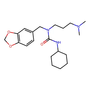 1-(1,3-benzodioxol-5-ylmethyl)-3-cyclohexyl-1-[3-(dimethylamino)propyl]urea structure