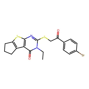 10-[2-(4-bromophenyl)-2-oxoethyl]sulfanyl-11-ethyl-7-thia-9,11-diazatricyclo[6.4.0.02,6]dodeca-1(8),2(6),9-trien-12-one structure