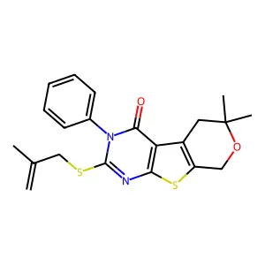 12,12-dimethyl-5-(2-methylprop-2-enylsulfanyl)-4-phenyl-11-oxa-8-thia-4,6-diazatricyclo[7.4.0.02,7]trideca-1(9),2(7),5-trien-3-one structure
