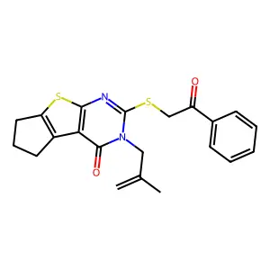 11-(2-methylprop-2-enyl)-10-phenacylsulfanyl-7-thia-9,11-diazatricyclo[6.4.0.02,6]dodeca-1(8),2(6),9-trien-12-one structure