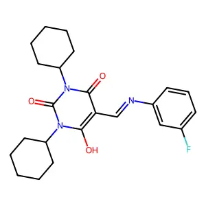 1,3-dicyclohexyl-5-[(3-fluoroanilino)methylene]-2,4,6(1H,3H,5H)-pyrimidinetrione structure