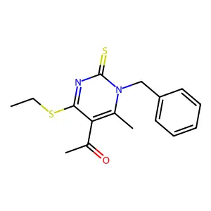 1-(1-benzyl-4-ethylsulfanyl-6-methyl-2-sulfanylidenepyrimidin-5-yl)ethanone structure