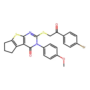 10-[2-(4-bromophenyl)-2-oxoethyl]sulfanyl-11-(4-methoxyphenyl)-7-thia-9,11-diazatricyclo[6.4.0.02,6]dodeca-1(8),2(6),9-trien-12-one structure