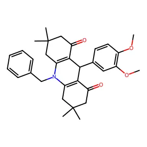 10-benzyl-9-(3,4-dimethoxyphenyl)-3,3,6,6-tetramethyl-4,5,7,9-tetrahydro-2H-acridine-1,8-dione structure