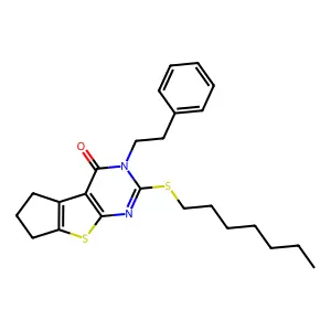 10-heptylsulfanyl-11-(2-phenylethyl)-7-thia-9,11-diazatricyclo[6.4.0.02,6]dodeca-1(8),2(6),9-trien-12-one structure