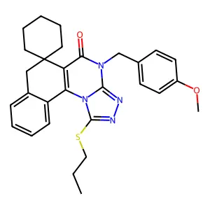 12-[(4-methoxyphenyl)methyl]-16-propylsulfanylspiro[12,14,15,17-tetrazatetracyclo[8.7.0.02,7.013,17]heptadeca-1(10),2,4,6,13,15-hexaene-9,1'-cyclohexane]-11-one structure