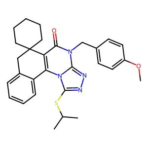 12-[(4-methoxyphenyl)methyl]-16-propan-2-ylsulfanylspiro[12,14,15,17-tetrazatetracyclo[8.7.0.02,7.013,17]heptadeca-1(10),2,4,6,13,15-hexaene-9,1'-cyclohexane]-11-one structure