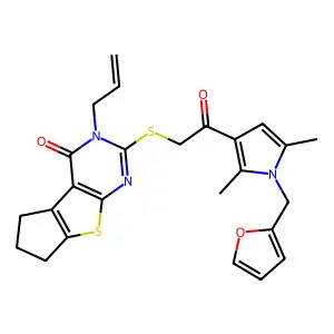 10-[(2-{1-[(furan-2-yl)methyl]-2,5-dimethyl-1H-pyrrol-3-yl}-2-oxoethyl)sulfanyl]-11-(prop-2-en-1-yl)-7-thia-9,11-diazatricyclo[6.4.0.0^{2,6}]dodeca-1(8),2(6),9-trien-12-one structure