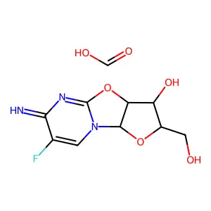 11-fluoro-4-(hydroxymethyl)-10-imino-3,7-dioxa-1,9-diazatricyclo[6.4.0.02,6]dodeca-8,11-dien-5-ol;formic acid structure