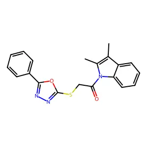 1-(2,3-Dimethyl-indol-1-yl)-2-(5-phenyl-[1,3,4]oxadiazol-2-ylsulfanyl)-ethanone structure