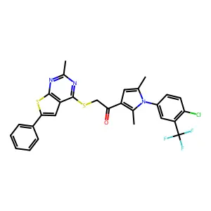 1-[1-[4-chloro-3-(trifluoromethyl)phenyl]-2,5-dimethylpyrrol-3-yl]-2-(2-methyl-6-phenylthieno[2,3-d]pyrimidin-4-yl)sulfanylethanone structure