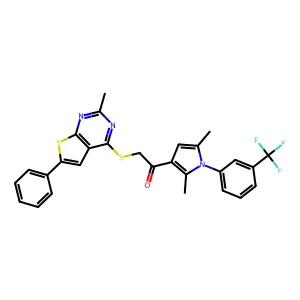 1-[2,5-dimethyl-1-[3-(trifluoromethyl)phenyl]pyrrol-3-yl]-2-(2-methyl-6-phenylthieno[2,3-d]pyrimidin-4-yl)sulfanylethanone structure