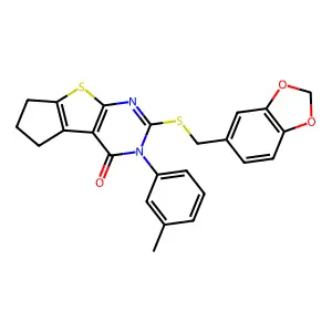 10-(1,3-benzodioxol-5-ylmethylsulfanyl)-11-(3-methylphenyl)-7-thia-9,11-diazatricyclo[6.4.0.02,6]dodeca-1(8),2(6),9-trien-12-one structure