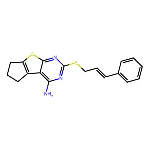 10-[(E)-3-phenylprop-2-enyl]sulfanyl-7-thia-9,11-diazatricyclo[6.4.0.02,6]dodeca-1(12),2(6),8,10-tetraen-12-amine structure