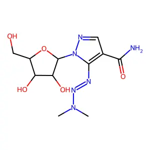 1-[3,4-dihydroxy-5-(hydroxymethyl)oxolan-2-yl]-5-(dimethylaminodiazenyl)pyrazole-4-carboxamide structure