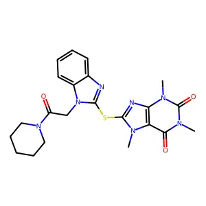 1,3,7-trimethyl-8-[1-(2-oxo-2-piperidin-1-ylethyl)benzimidazol-2-yl]sulfanylpurine-2,6-dione structure