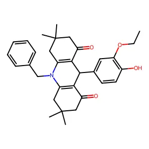 10-benzyl-9-(3-ethoxy-4-hydroxyphenyl)-3,3,6,6-tetramethyl-4,5,7,9-tetrahydro-2H-acridine-1,8-dione structure