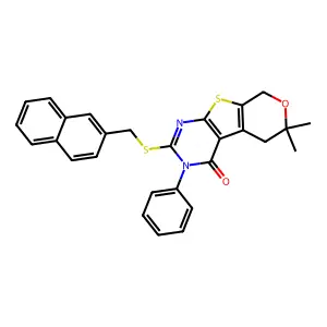 12,12-dimethyl-5-(naphthalen-2-ylmethylsulfanyl)-4-phenyl-11-oxa-8-thia-4,6-diazatricyclo[7.4.0.02,7]trideca-1(9),2(7),5-trien-3-one structure
