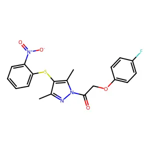 1-[3,5-dimethyl-4-(2-nitrophenyl)sulfanylpyrazol-1-yl]-2-(4-fluorophenoxy)ethanone structure
