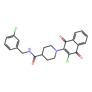 1-(3-chloro-1,4-dioxonaphthalen-2-yl)-N-[(3-chlorophenyl)methyl]piperidine-4-carboxamide structure